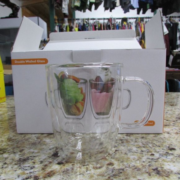 Unbranded Dining Set Of 2 Double Walled Glass Cup Mug With Handle